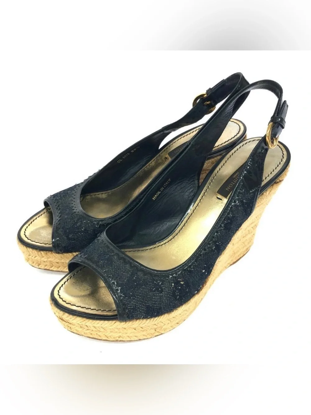 Louis Vuitton Denim/Patent Leather Espadrille Wedge Sandals | Size 6.5 US (36.5)
